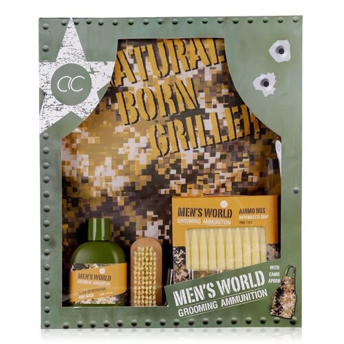 Badeset MEN'S WORLD in Geschenkbox mit Grillschürze, Geschenkset für Männer mit Duschgel, Seife, Nagelbürste und Grillschürze "Natural Born Griller"