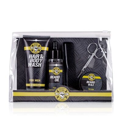 Bath set BATH & BODY TOOLS in PVC bag, gift set for men with shower gel, beard oil, beard wax, beard scissors and comb