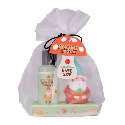 Set de bain GNOME & CO. dans un sachet en organza avec nain de jardin en céramique et gel douche