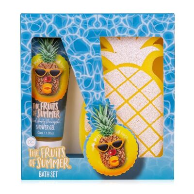 Set de bain LES FRUITS DE L'ÉTÉ dans un coffret cadeau, avec gel douche et éponge de bain ananas