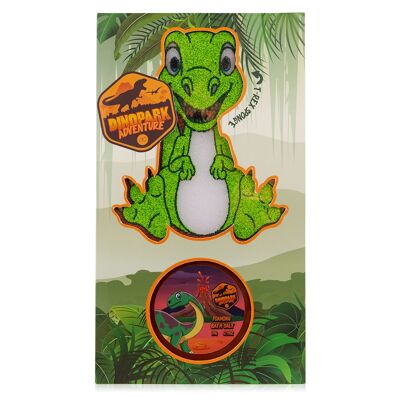 Set de regalo DINOPARK ADVENTURE con sal de baño de espuma y esponja de baño de dinosaurio