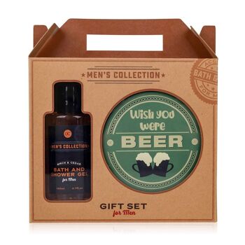 Coffret cadeau pour homme MEN'S COLLECTION dans une boîte cadeau en papier kraft avec poignée, avec gel bain & douche et sous-bock 1