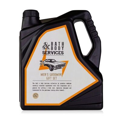 BATH & BODY SERVICES bath set in a gift box in the shape of an oil canister, gift set for men with hair & body wash, after shave balm and key ring in the shape of a wrench