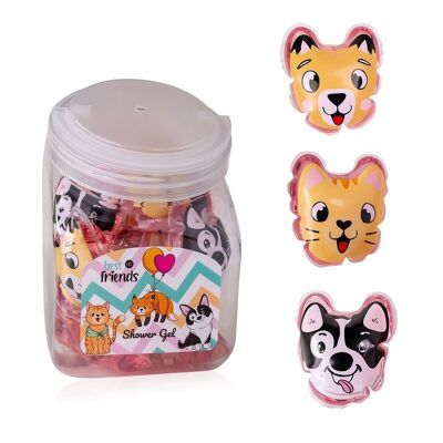 Mini shower gel BEST FRIENDS, motif: dog, cat & fox, 24 pieces in a candy jar