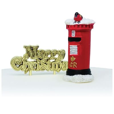 Klassischer Briefkasten-Kuchenaufsatz aus Kunstharz und goldene Frohe Weihnachten
