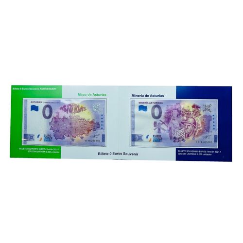 DISPLAY CARPETA . BILLETES 0 EUROS - MAPA DE ASTURIAS Y MINERIA DE ASTURIAS