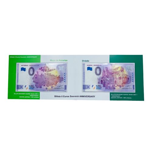 DISPLAY CARPETA . BILLETES 0 EUROS - MAPA DE ASTURIAS Y OVIEDO ANNIVERSARY