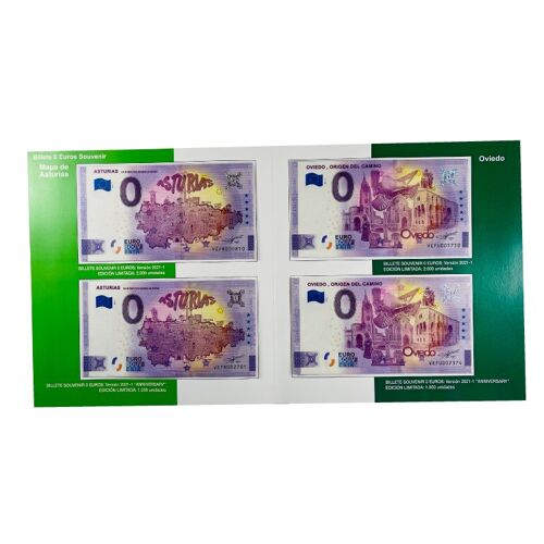 DISPLAY CARPETA . 4 BILLETES 0 EUROS - MAPA DE ASTURIAS Y OVIEDO ANNIVERSARY