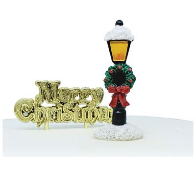 Decoración para tarta de resina con poste de lámpara nevada y lema navideño dorado