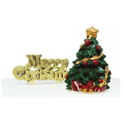 Traditioneller Weihnachtsbaum-Kuchenaufsatz aus Harz und goldenem Motto