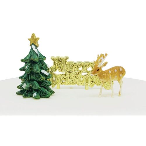 Resin Tree, Plastic Reindeer Cake Toppers & Gold Motto
