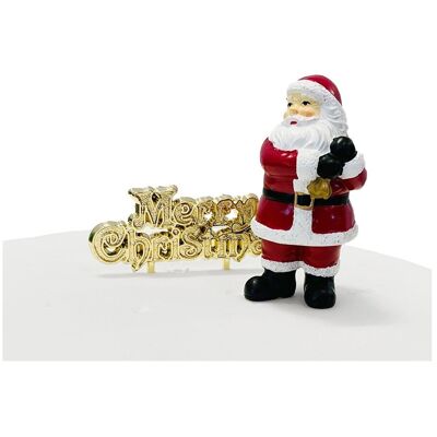Traditioneller Weihnachtsmann-Kuchenaufsatz aus Kunstharz und goldene Frohe Weihnachten