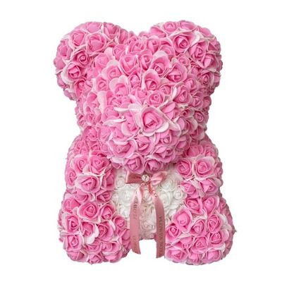 40cm Pink/White Rose Bear