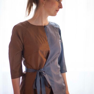 Check silk wrap blouse