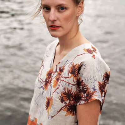 Linen blouse with flowers in orange