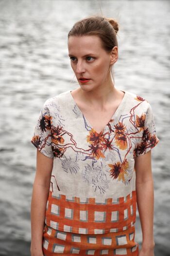 Blouse en lin à fleurs en orange 3