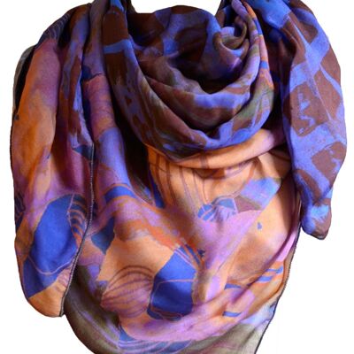 Floral scarf with a floral pattern in orange blue