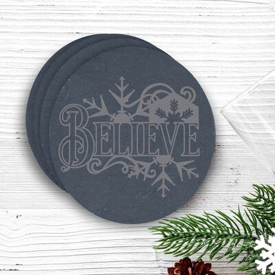 Engraved Slate Round Christmas Coaster, Believe in Christmas