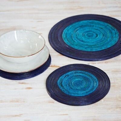 Large Recycled Newspaper Round Placemat - Dark Blue/Light Blue
