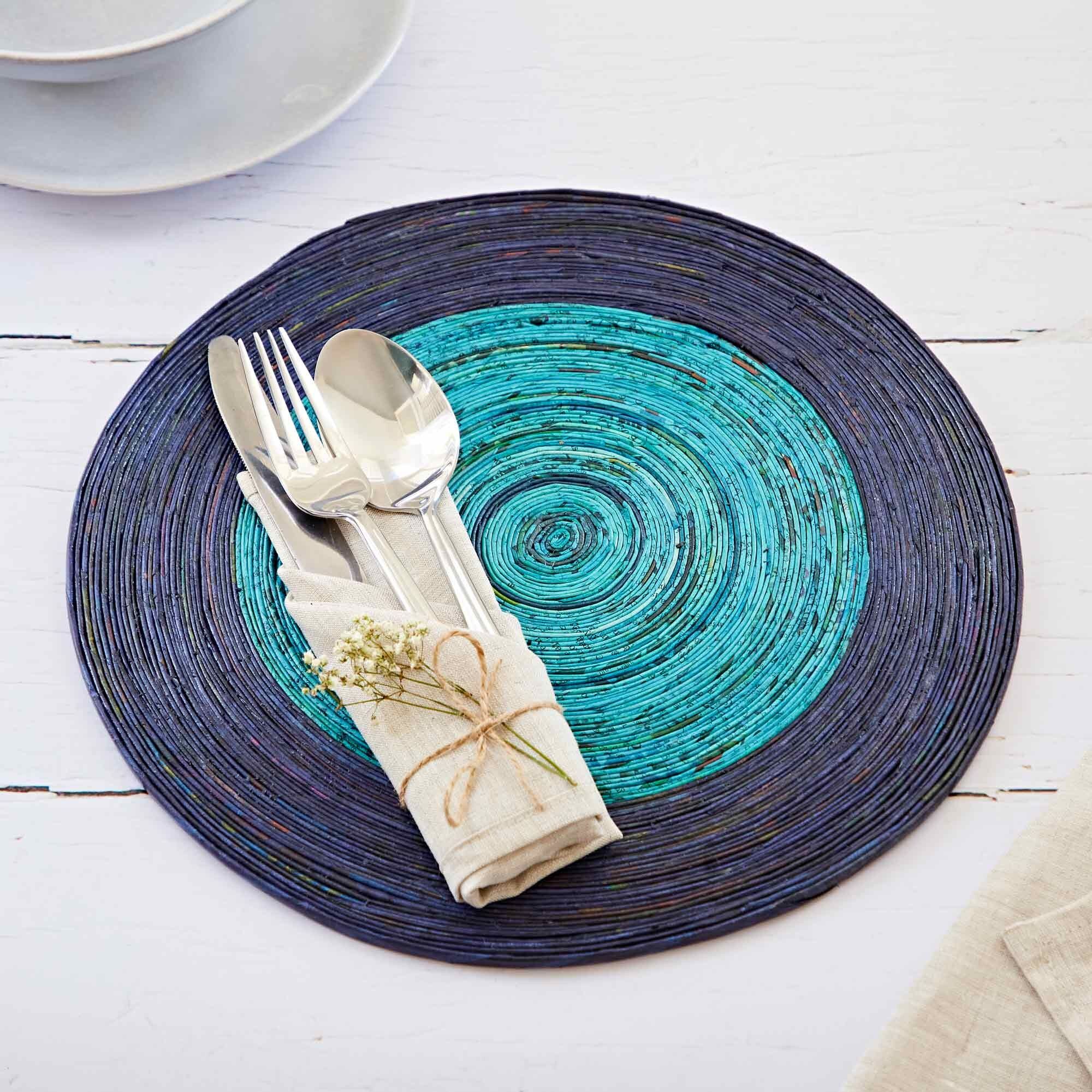 Large Recycled Newspaper Round Placemat - Dark Blue/Light Blue
