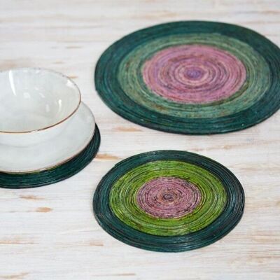 Large Recycled Newspaper Round Placemat - Dark Green/Light Green/Lilac