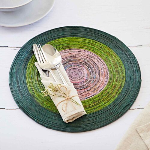 Large Recycled Newspaper Round Placemat - Dark Green/Light Green/Lilac