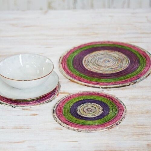 Large Recycled Newspaper Round Placemat - Natural/Pink/Green/Purple