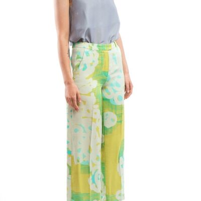 Pantaloni ampi Marlene con fantasia giallo-turchese