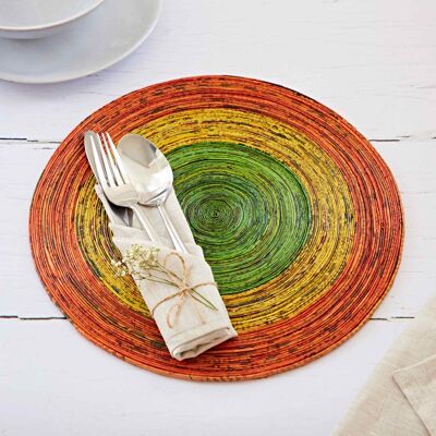 Großes rundes Tischset aus recyceltem Zeitungspapier – Orange/Gelb/Grün