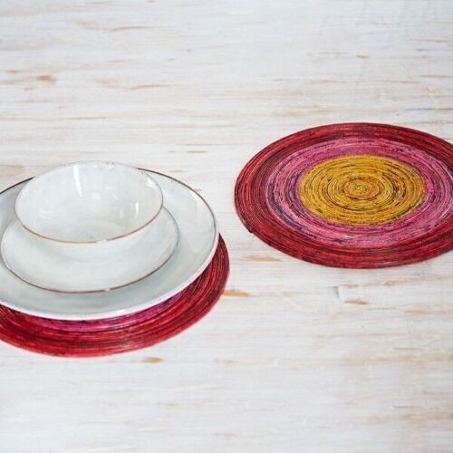 Large Recycled Newspaper Round Placemat - Red/Pink/Yellow
