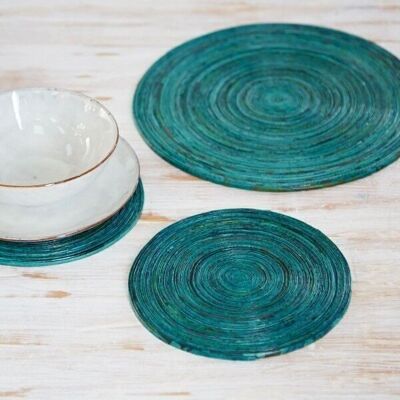 Large Recycled Newspaper Round Placemat - Teal