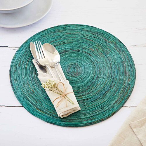 Large Recycled Newspaper Round Placemat - Teal