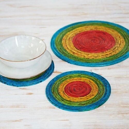 Small Recycled Newspaper Round Placemat - Blue/Green/Yellow/Red