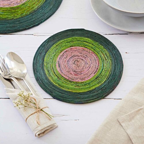 Small Recycled Newspaper Round Placemat - Dark Green/Light Green/Lilac