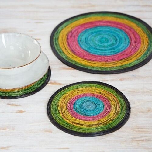 Small Recycled Newspaper Round Placemat - Navy/Green/Yellow/Pink/Blue