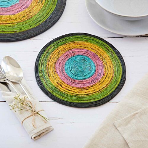 Small Recycled Newspaper Round Placemat - Navy/Green/Yellow/Pink/Blue