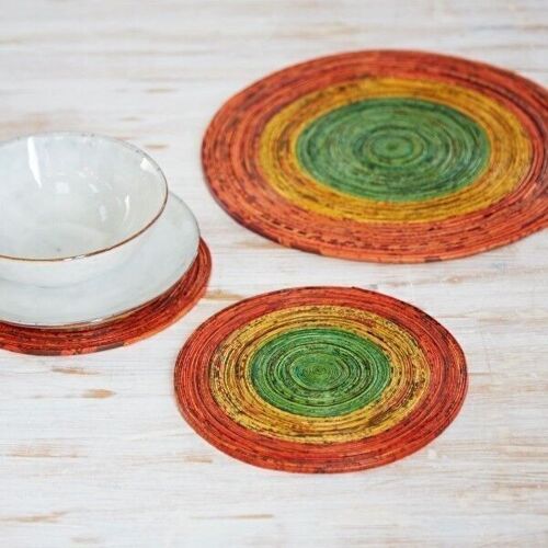 Small Recycled Newspaper Round Placemat - Orange/Yellow/Green
