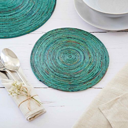 Small Recycled Newspaper Round Placemat - Teal