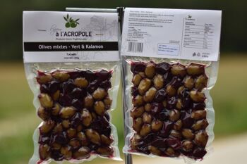 Assortiment 5 variétés d'olives * ce code particulier a cinq olives différentes ,cinq sacs sous vide différents de 250 grammes chacun. Le but est que le professionnel puisse le commander et le tester .une fois 4
