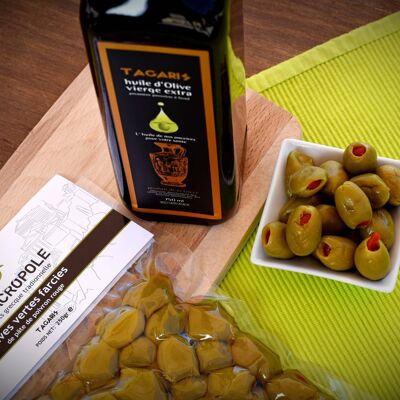 Green olives stuffed with red peppers