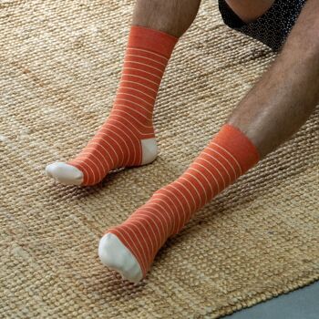 Chaussettes en coton peigné A rayures fines - Orange et beige 2