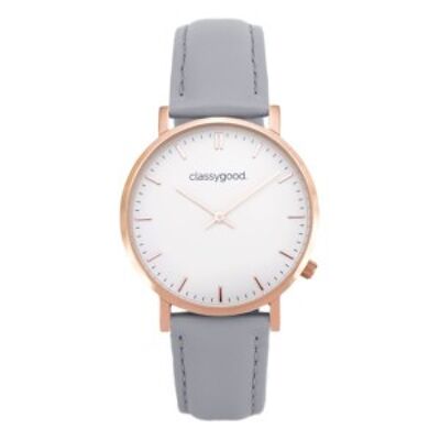 Uhr Classic Roségold Weiß – Lederarmband grau