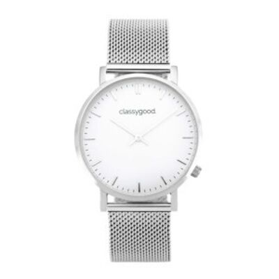 Uhr Classic Silber Weiß – Metallband silber