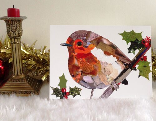 Robin and Squirrel Christmas Card, Collage Design - 'Secret Squirrel' - With a Robin, Squirrel and Holly
