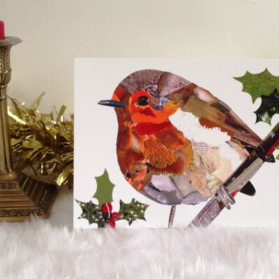 Robin and Squirrel Christmas Card, Collage Design - 'Secret Squirrel' - With a Robin, Squirrel and Holly