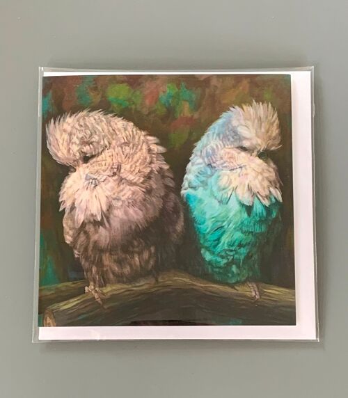 Budgie Greeting Card, Realistic Oil Painting, Fluffy Feathers, Parakeet Pair, Parrot Gift, Wellensittich, Perruche, Perequito, Undulat