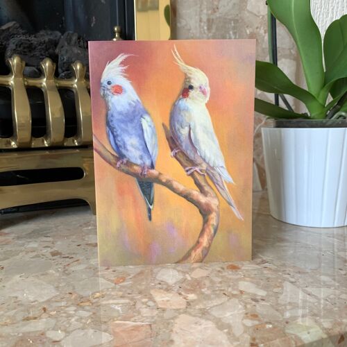 Cockatiel Greeting Card, Cockatiel Valentines Card, Pet Birds, Bird Card, Pair of Birds, Blank Inside. From oil painting by Budgerigardener.