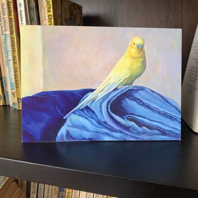 Yellow Budgie Greeting Card of 'Basil', an Oil Painting By Budgerigardener, Lutino Budgie, Realism, Parakeet art, Wellensittich, Undulat,
