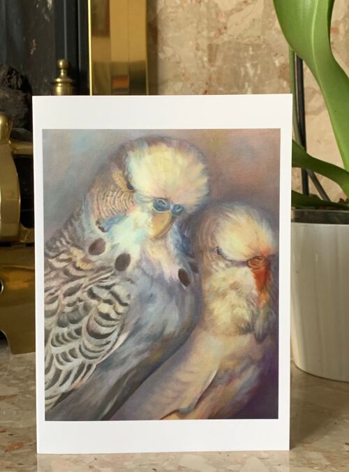Budgie Greeting Card, Valentines Card, Romantic Birds, Parakeet Bird Oil Painting, Blank Inside, Grey and White