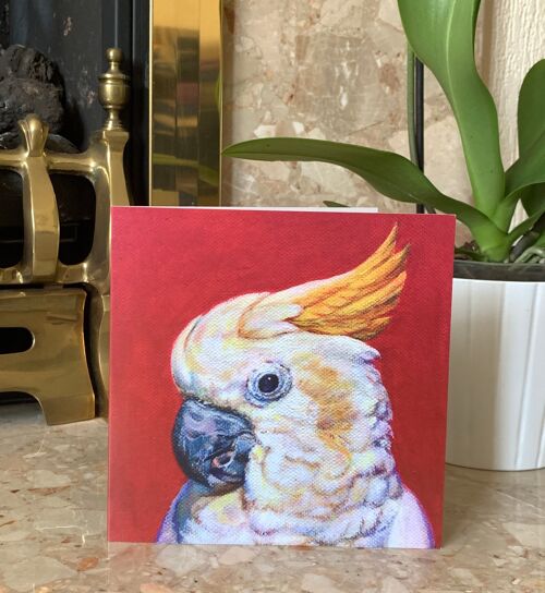 Cockatoo Greeting Card, Sulphur Crested Cockatoo, Cheeky White Bird, Colourful Red White Yellow Bird Painting
